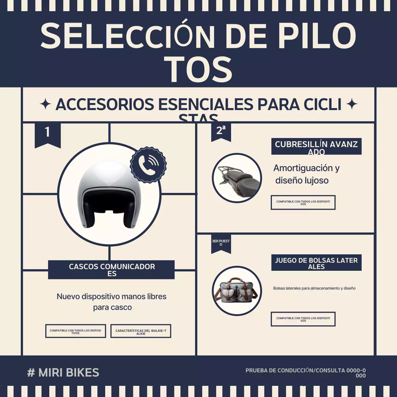 Venta de accesorios de moto retro en azul y beige.