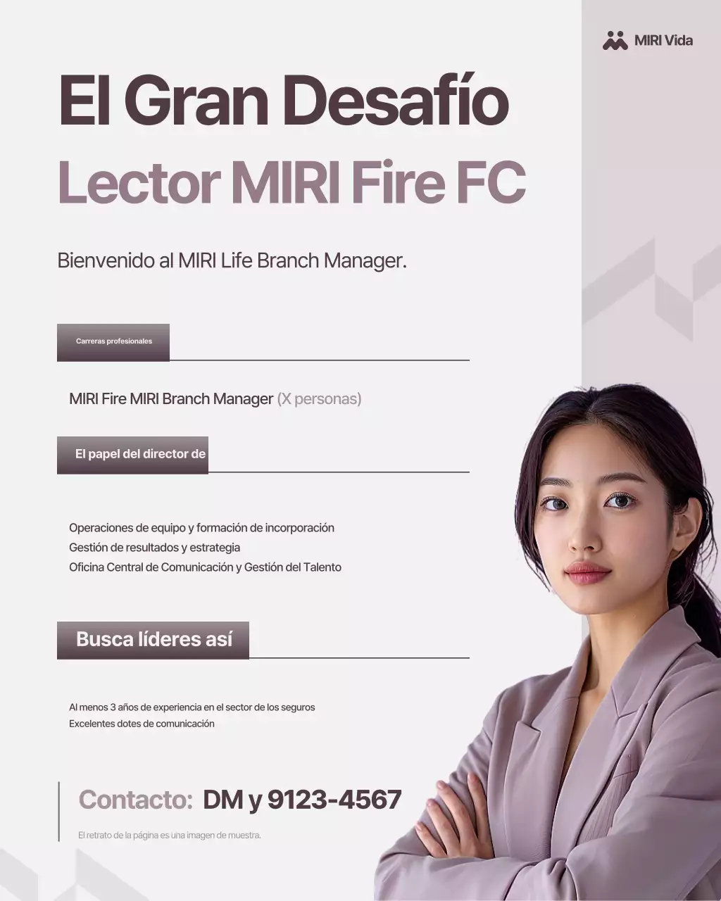 Anuncio de reclutamiento para el puesto de líder del Centro de Seguros Modernos en morado