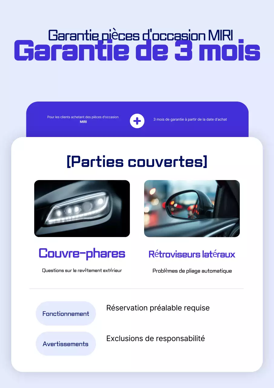 Guide de garantie des pièces automobiles modernes bleues