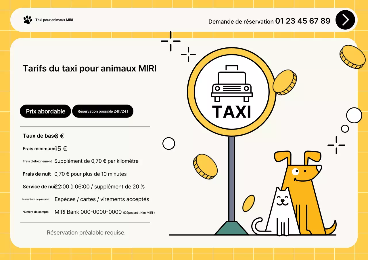 Guide des tarifs des taxis jaunes simples pour animaux de compagnie