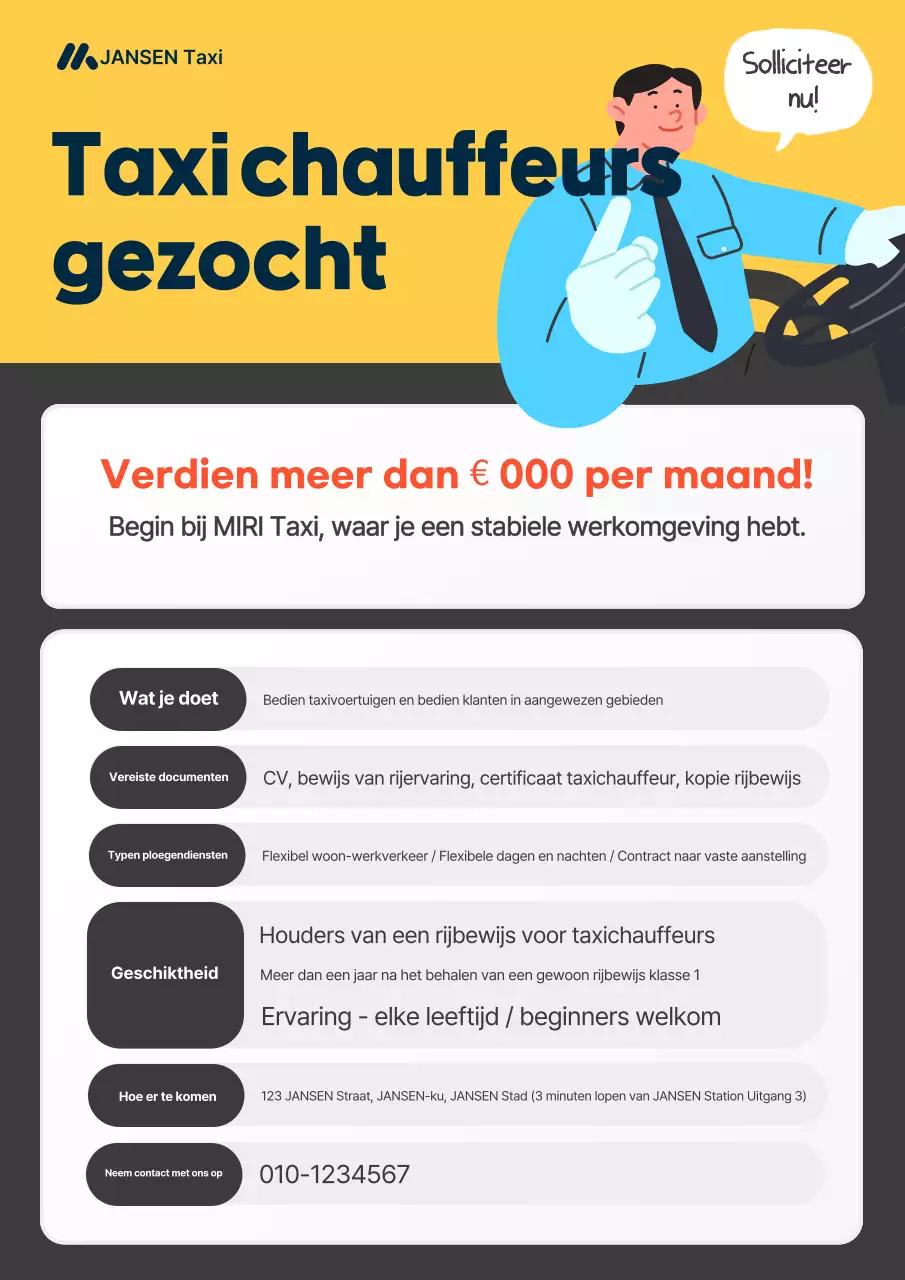 Gele taxichauffeur Eenvoudige werving Werving