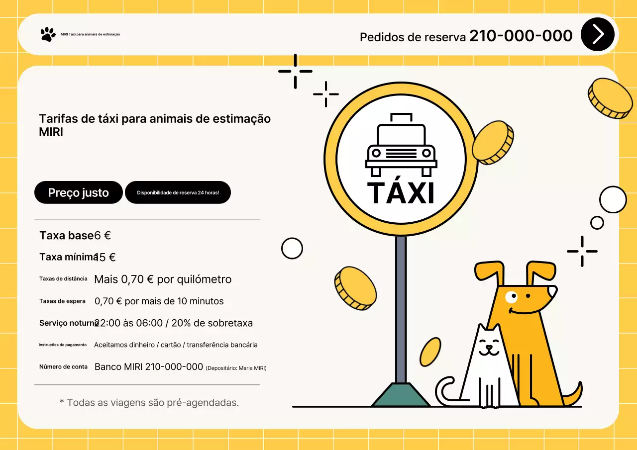 Guia de Tarifas do Táxi Amarelo Simples para Animais de Estimação