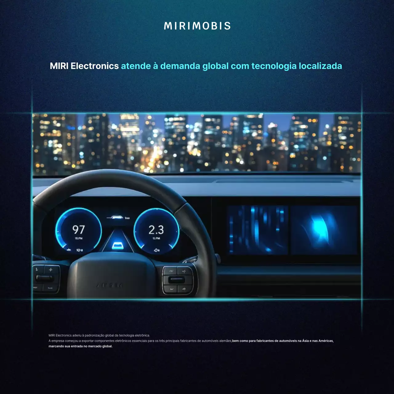 Boletim informativo sobre o anúncio de exportação de dispositivos elétricos automotivos com tema cibernético nas cores azul-marinho e verde-menta