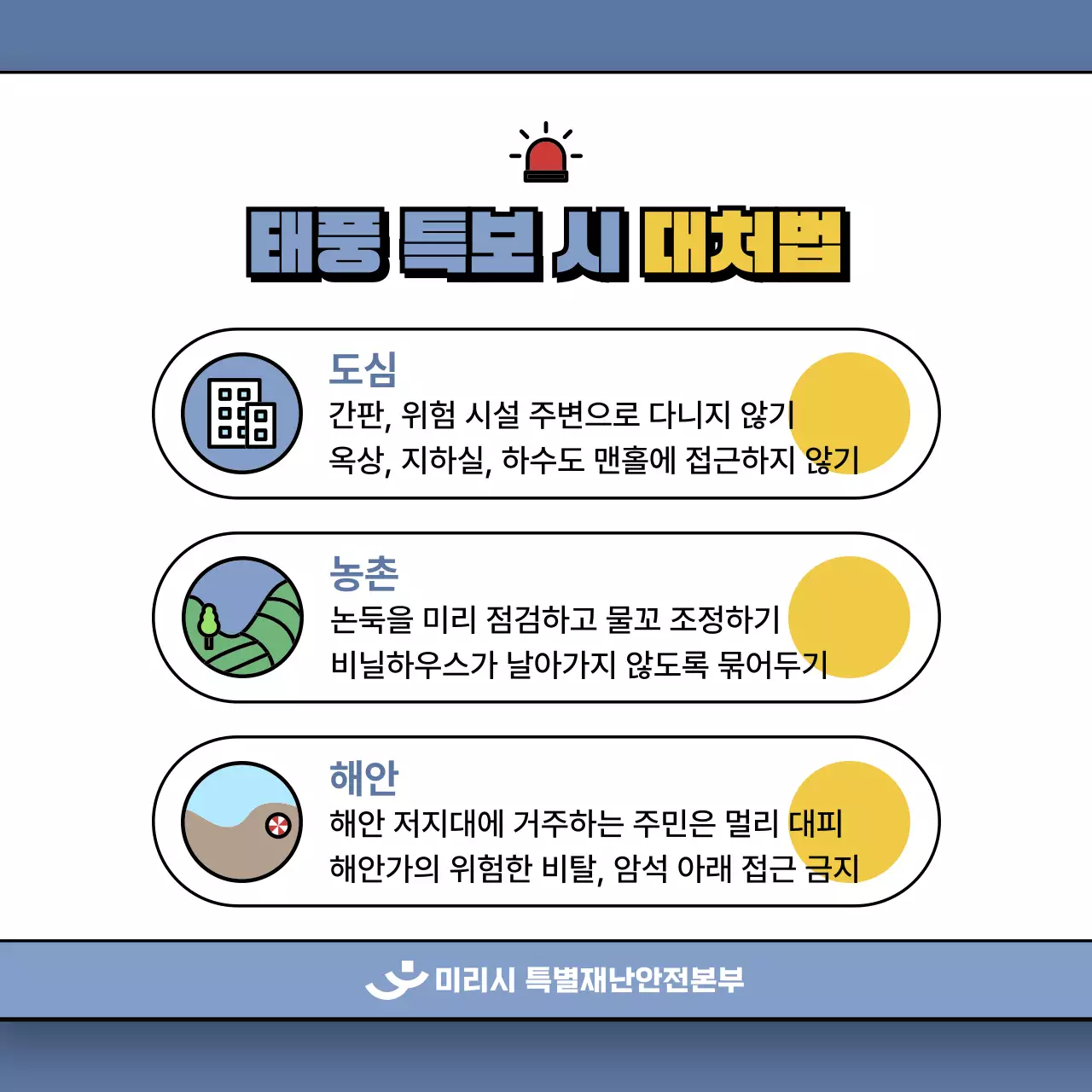 파랑과 노랑의 아기자기한 태풍 피해 대책법 게시글