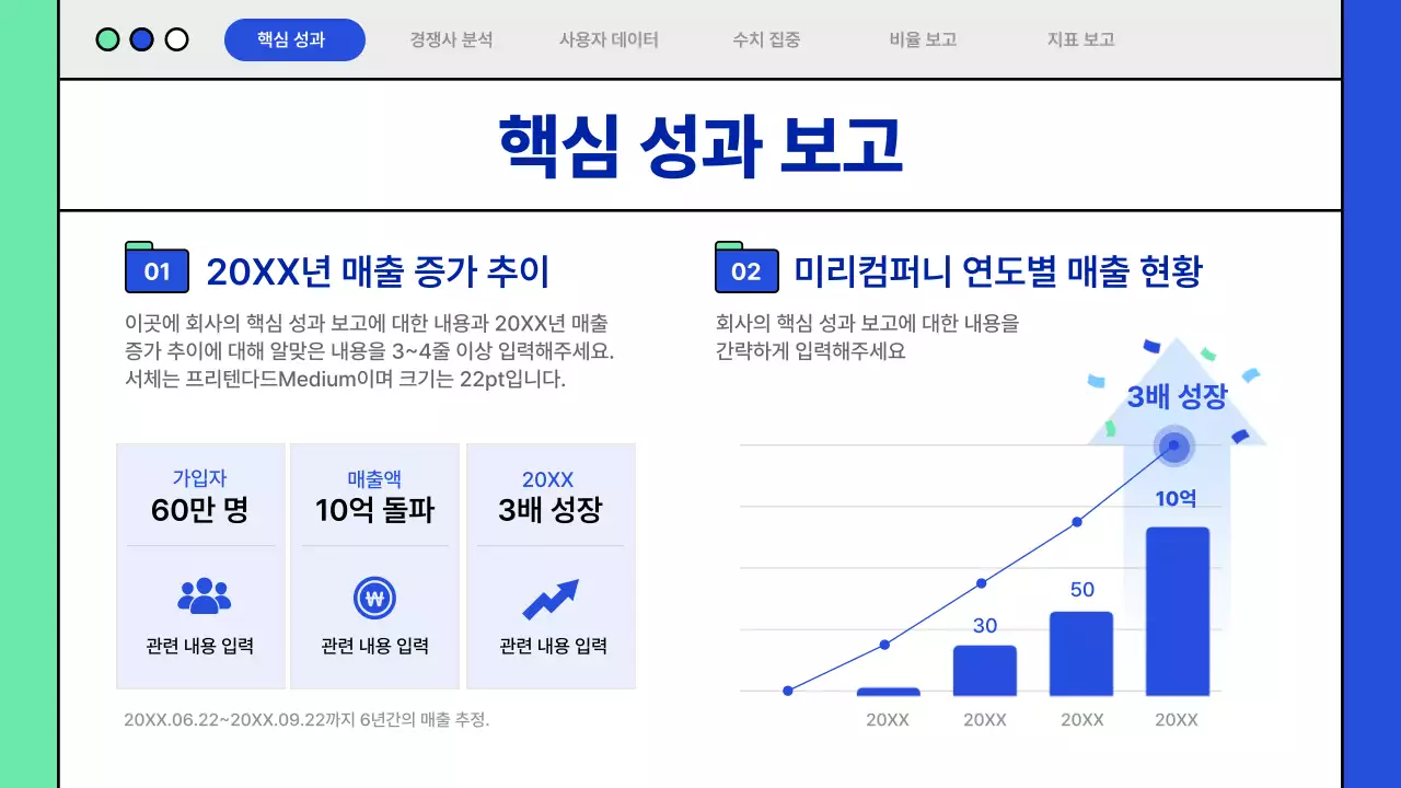 파랑색과 민트색의 웹 테마의 차트와 인포그래픽 발표자료