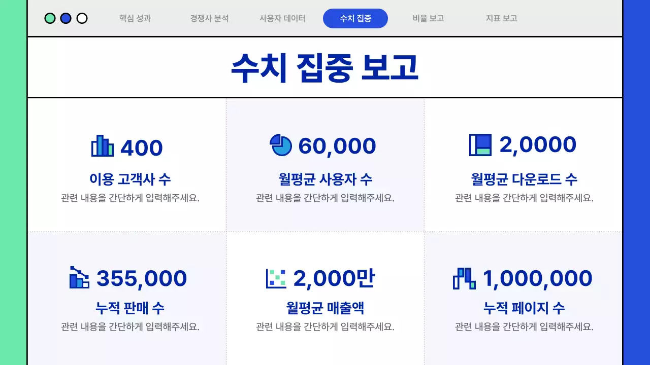 파랑색과 민트색의 웹 테마의 차트와 인포그래픽 발표자료