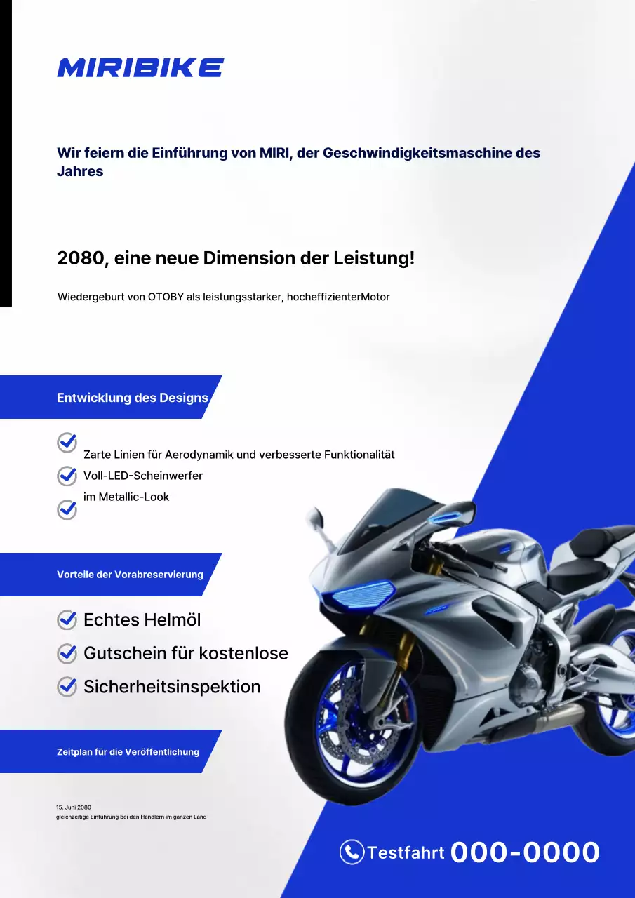 Ankündigung der Markteinführung eines modernen blauen Motorrads