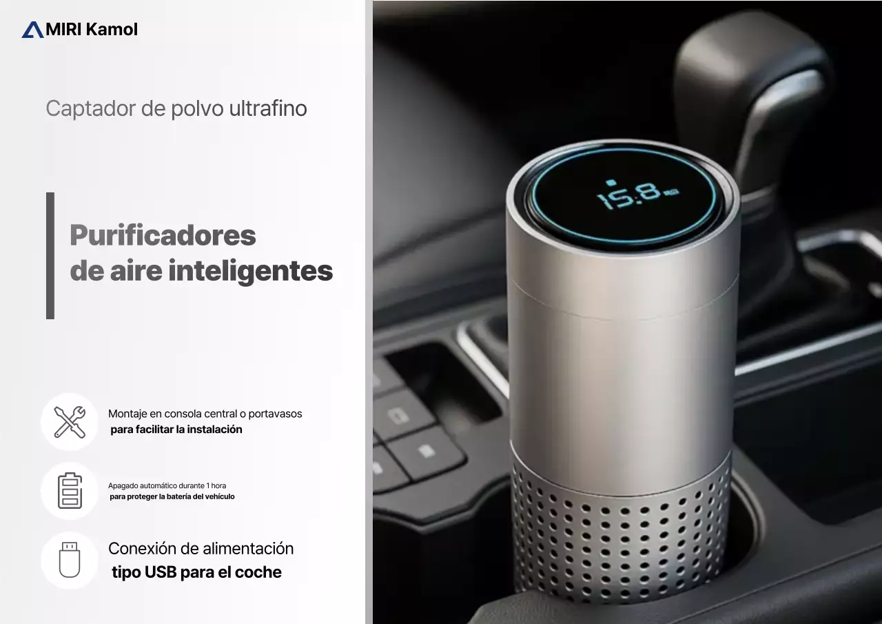 Anuncio de purificador de aire para coche moderno de color gris.