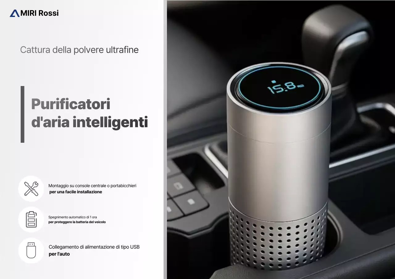 Pubblicità di un purificatore d'aria per auto moderno e grigio