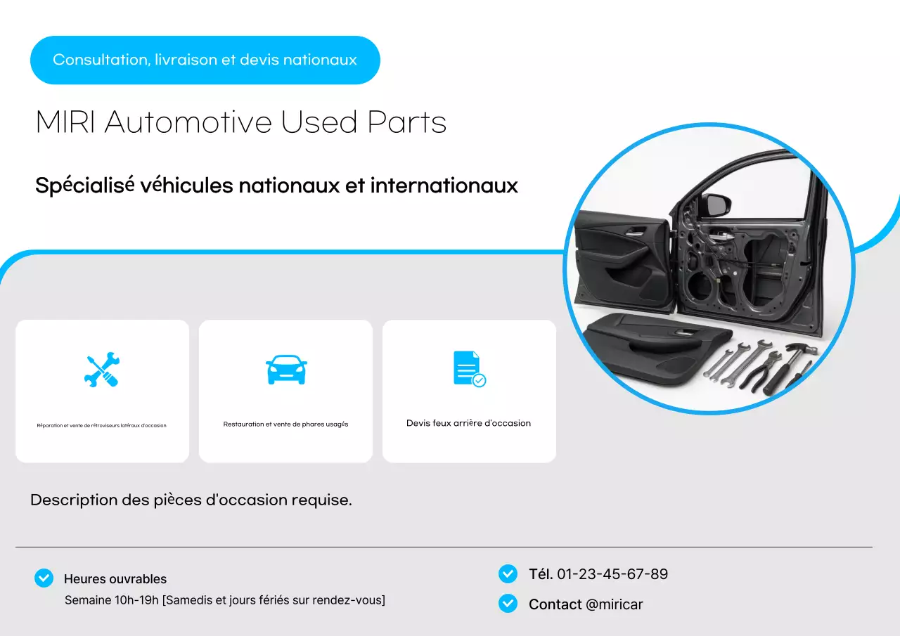 Publicité pour des pièces détachées automobiles d'occasion modernes bleues