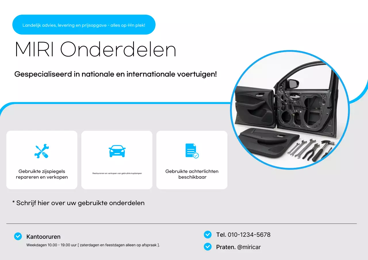 Advertentie voor gebruikte auto-onderdelen in blauw modern