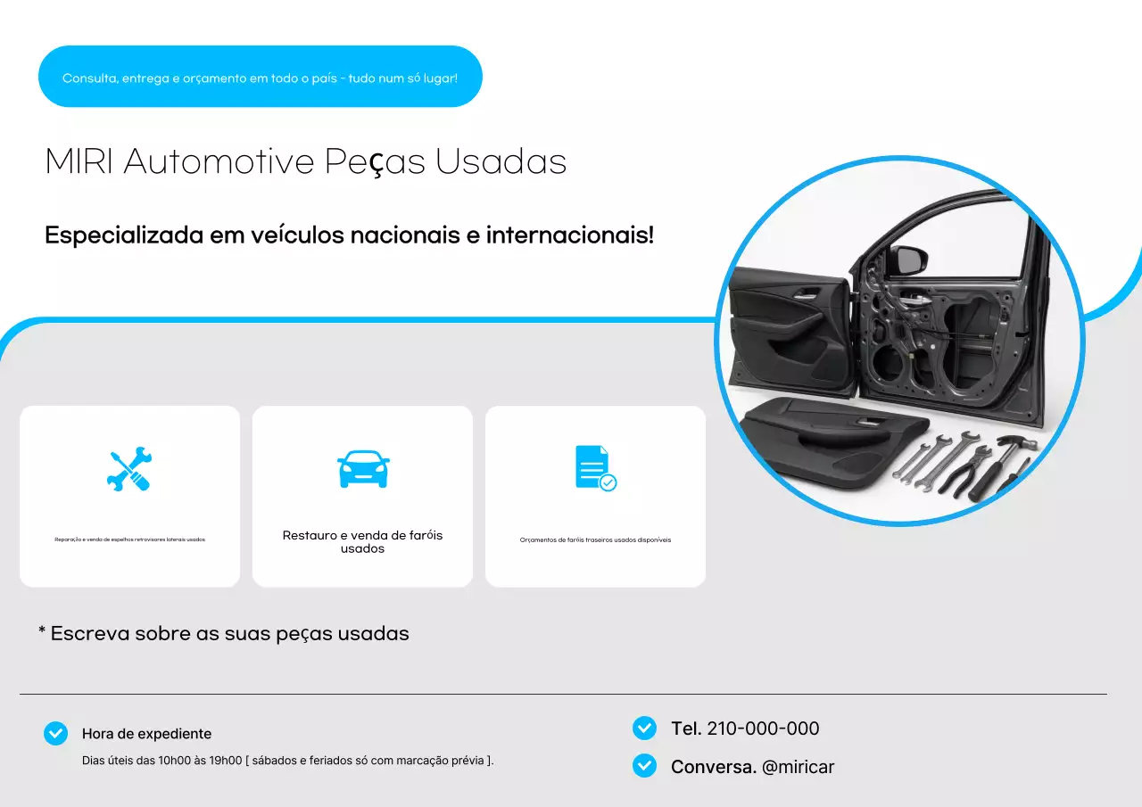 Anúncio de peças de carros usados ​​modernos em azul