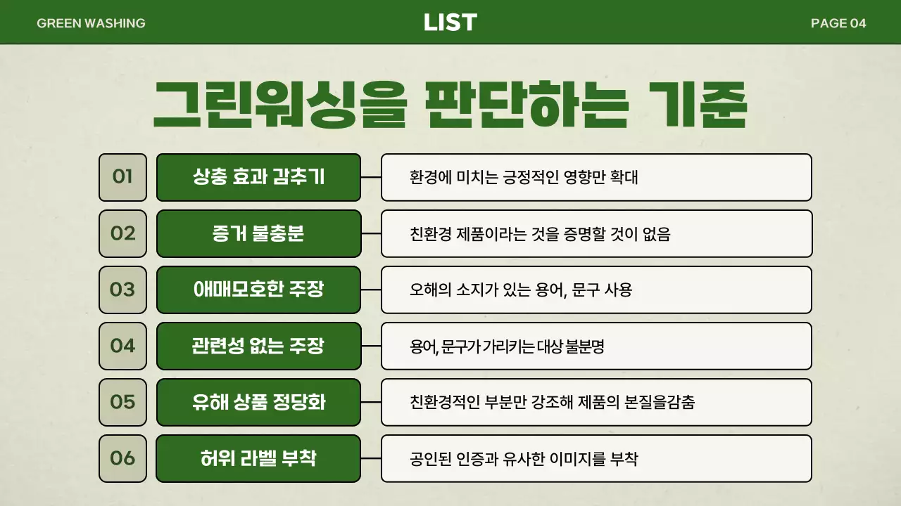 그린색상의 심플한 그린워싱 발표 프레젠테이션