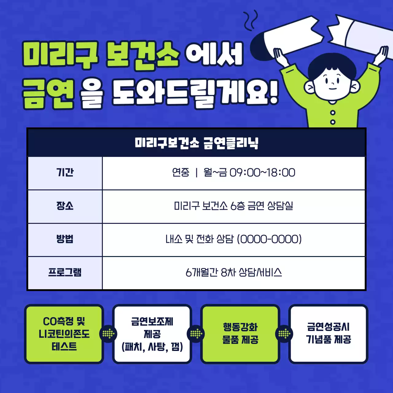 파란색과 연두색과 남색과 네이비의 단순한 캐릭터 일러스트의 금연 보건소 클리닉 소개