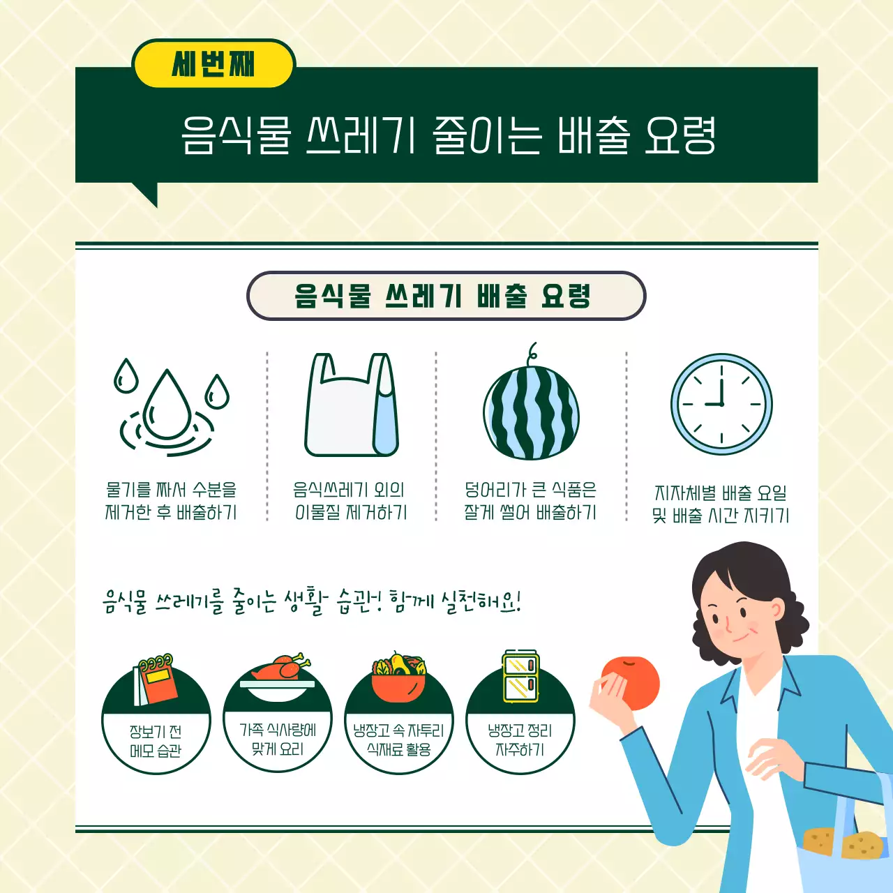 노란색과 초록색의 일러스트 음식물쓰레기 배출 요령