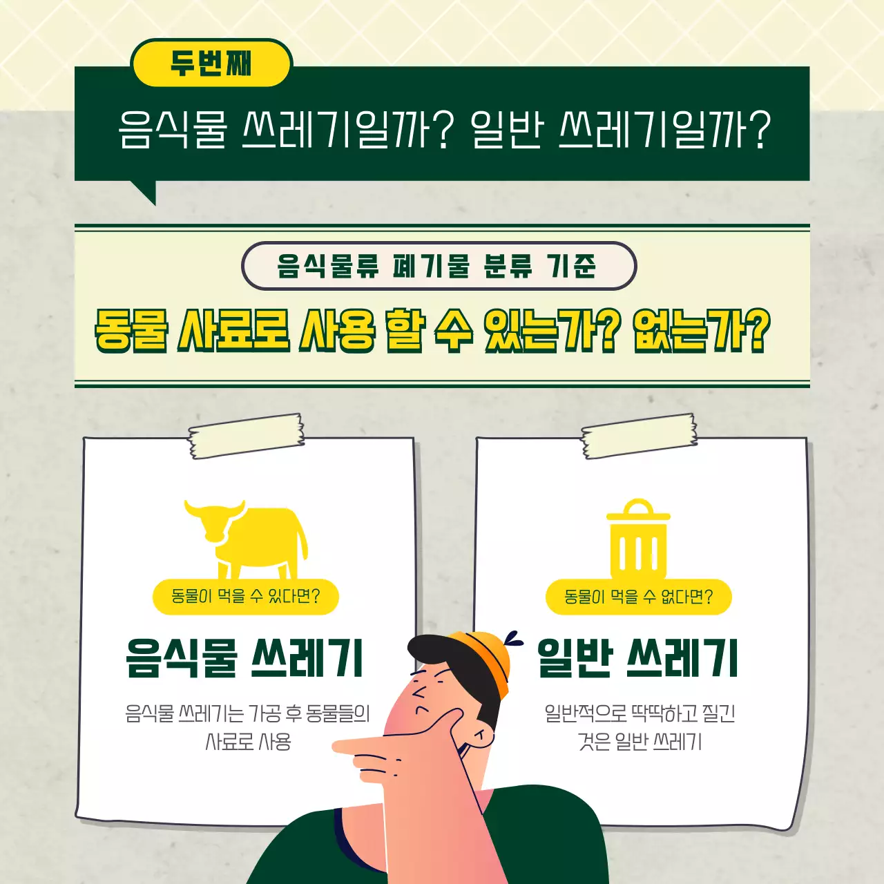 노란색과 초록색의 일러스트 음식물쓰레기 배출 요령
