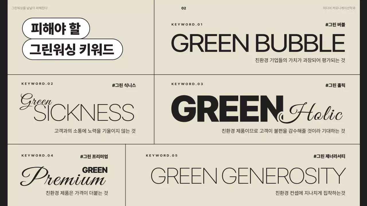 베이지와 초록색상을 활용한 키워드 중심의 그린워싱 사회문제 발표