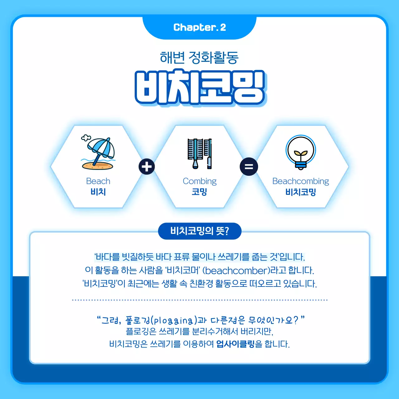 하늘색과 파란색의  환경보호 비치코밍 활동 안내