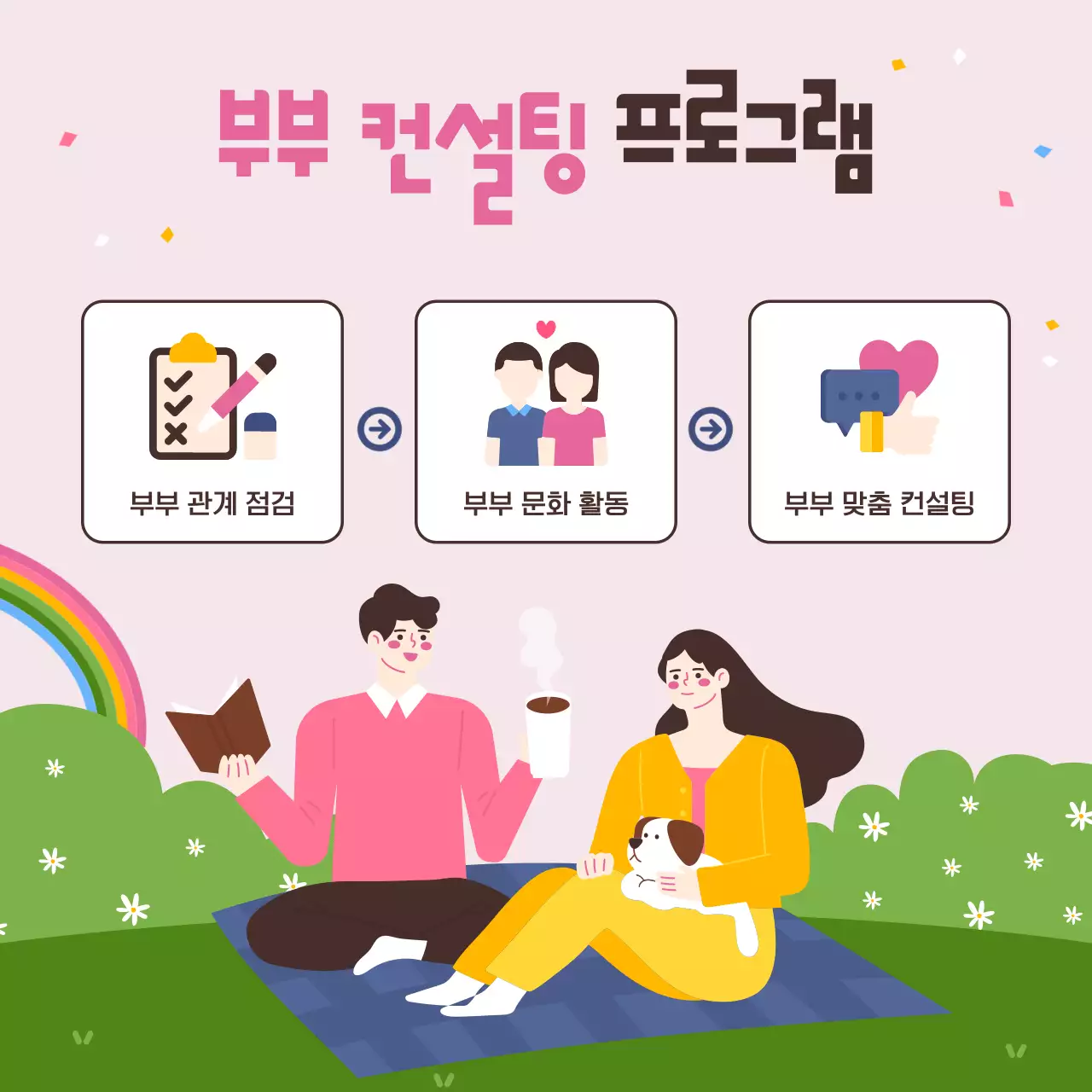 핑크색과 연두색의 사랑스럽고 포근한 일러스트의 가정의 달 5월 부부의 날 부부 결혼 생활 컨설팅