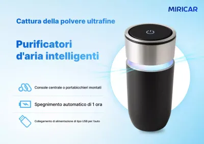 Pubblicità di un purificatore d'aria per auto blu e azzurro cielo