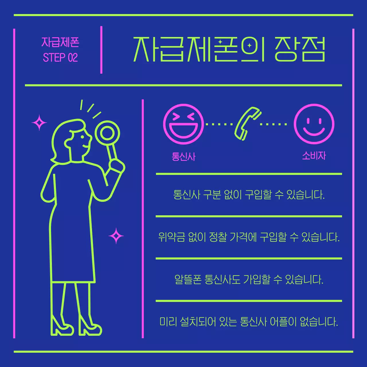 남색과 연두색의 자급제 휴대폰 정보 소개