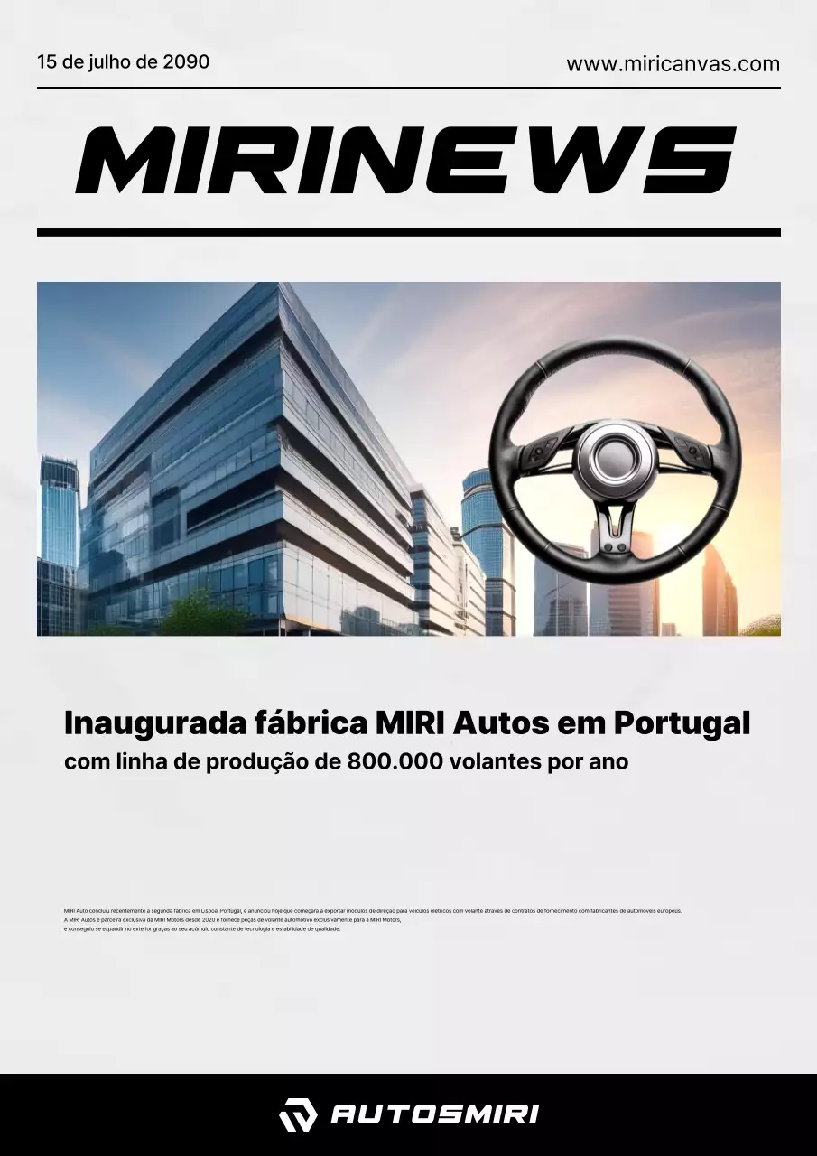 Boletim informativo da empresa de volantes automotivos simples cinza e preto