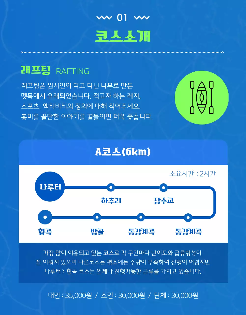 파랑 초록색의 동강 일러스트의 시원한 래프팅 업체 소개