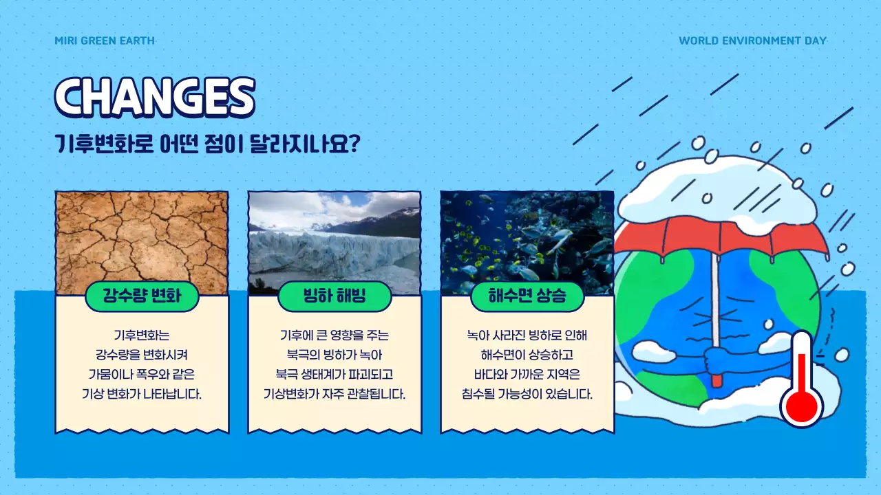 파란색과 초록색의 귀여운 기후변화 정보