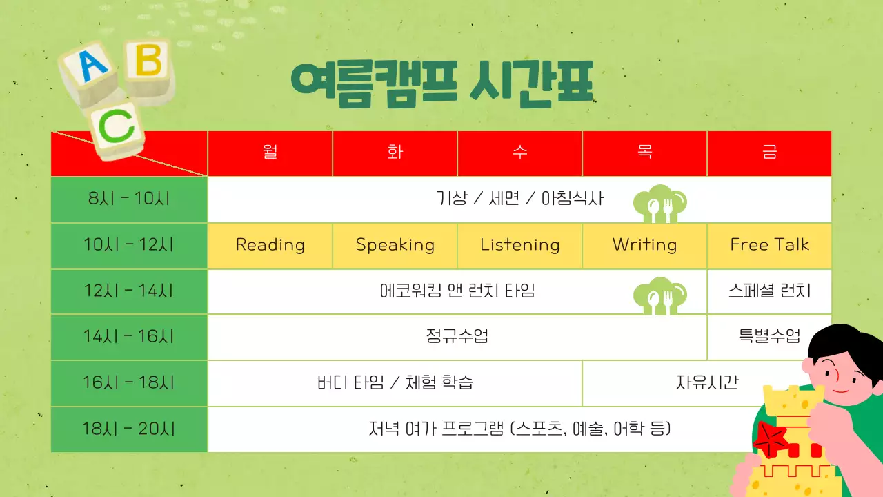 초록과 연두색의 일러스트 강조의 영어 여름캠프