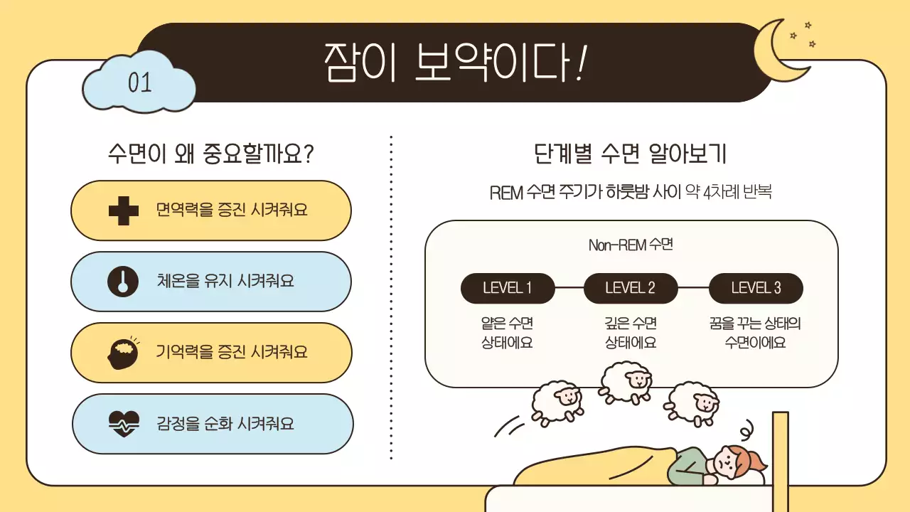 하늘색 노란색 연두색의 귀여운 캐릭터 수면건강 관리