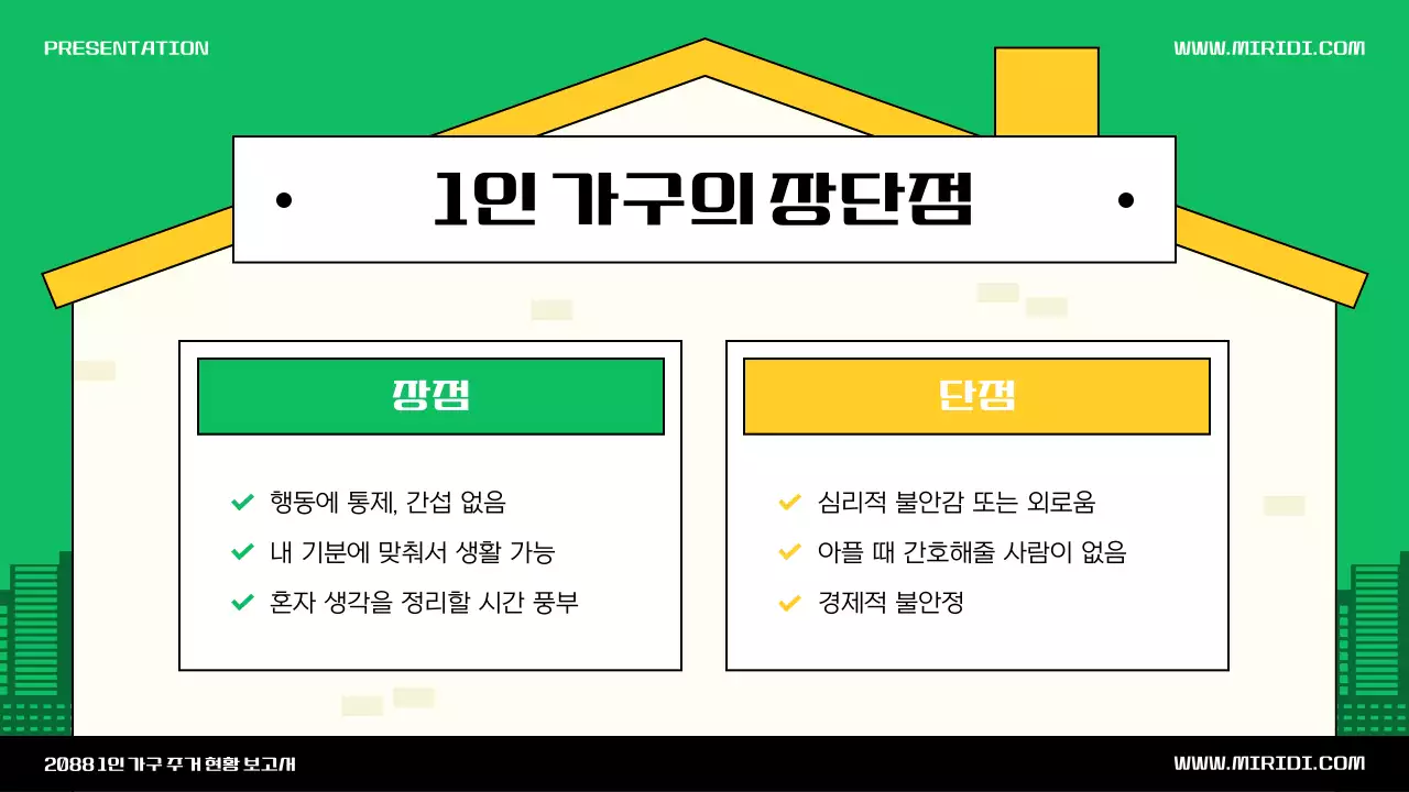 초록색과 노란색의 귀여운 집 일러스트 테마의 1인가구 소개
