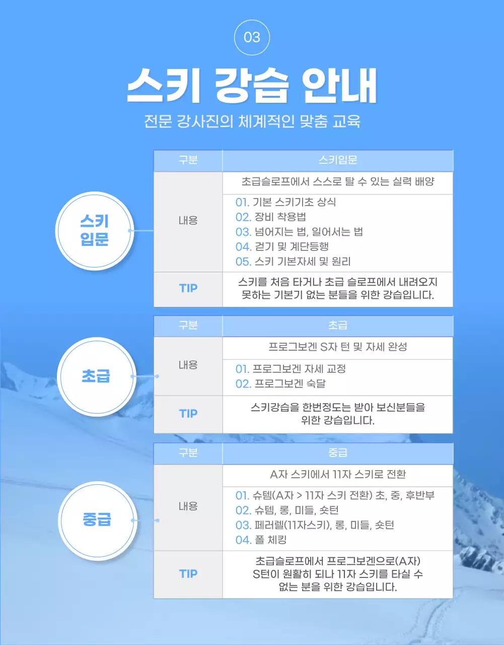 화이트 블루톤의 심플한 스키강습 상세페이지