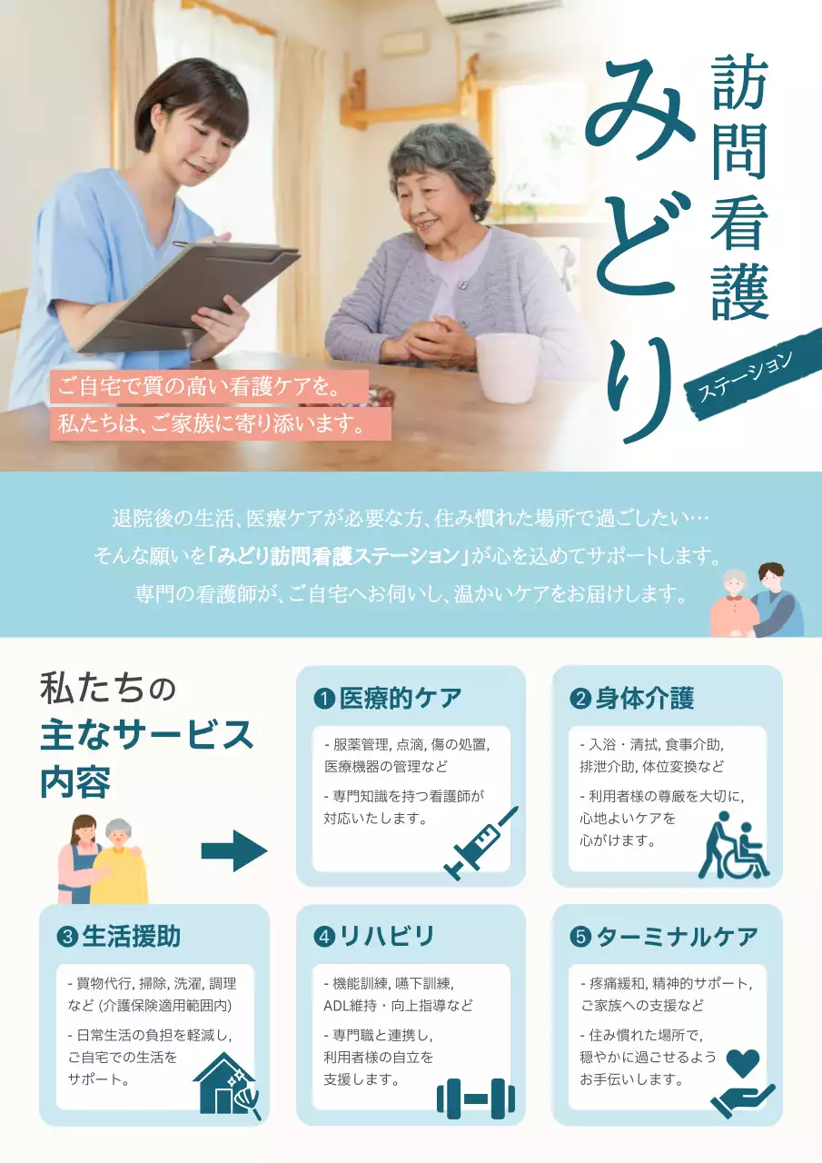 青 シンプル 医療 ポスター 老人在宅ケア