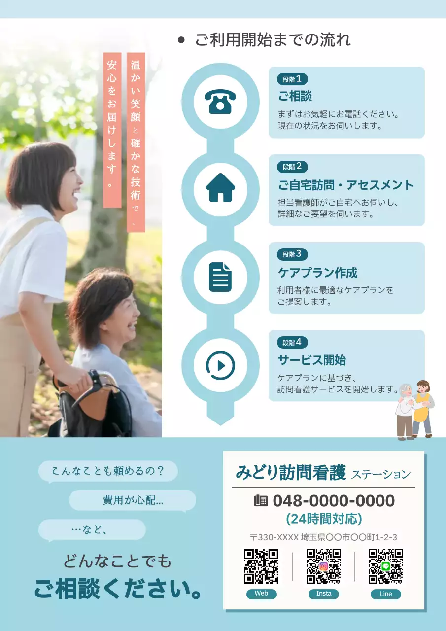 青 シンプル 医療 ポスター 老人在宅ケア