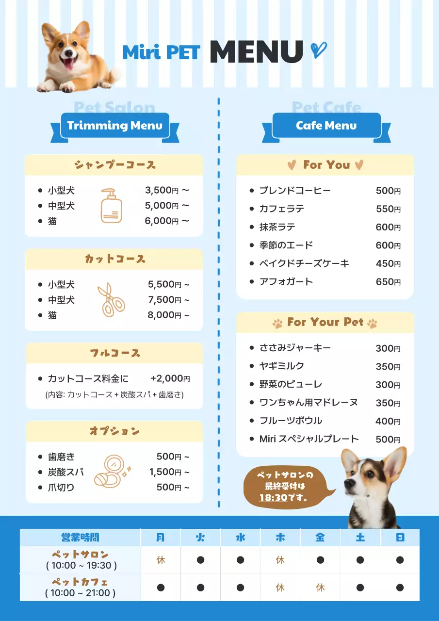 青 ポップ ペット チラシ 飲食業ペットカフェオープン