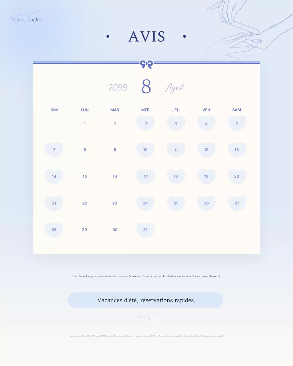 Calendrier du guide de réservation Sky Blue Neat