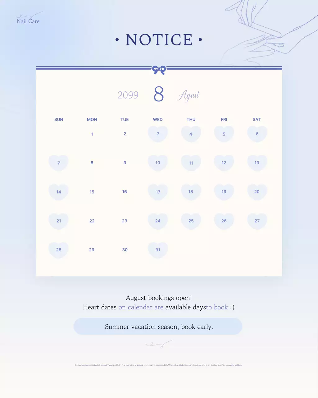 Sky Blue Neat Reservation Guide Calendar