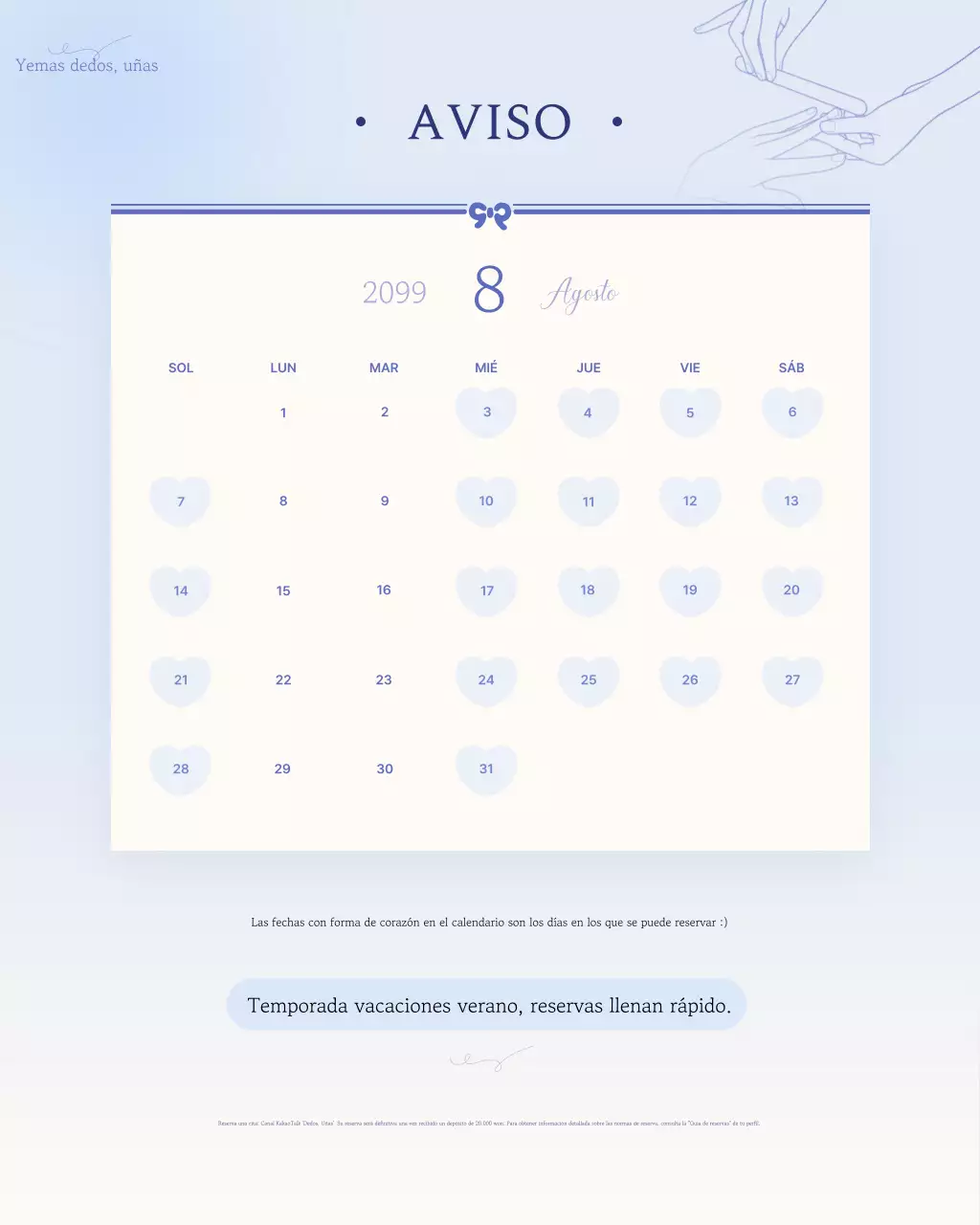 Guía de reservas de Sky Blue Clean Calendario