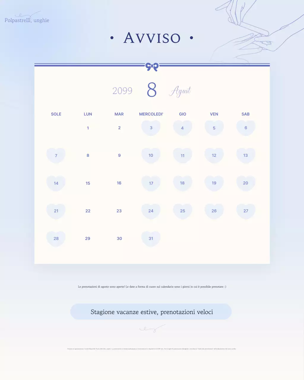 Calendario della guida alle prenotazioni di Sky Blue Neat