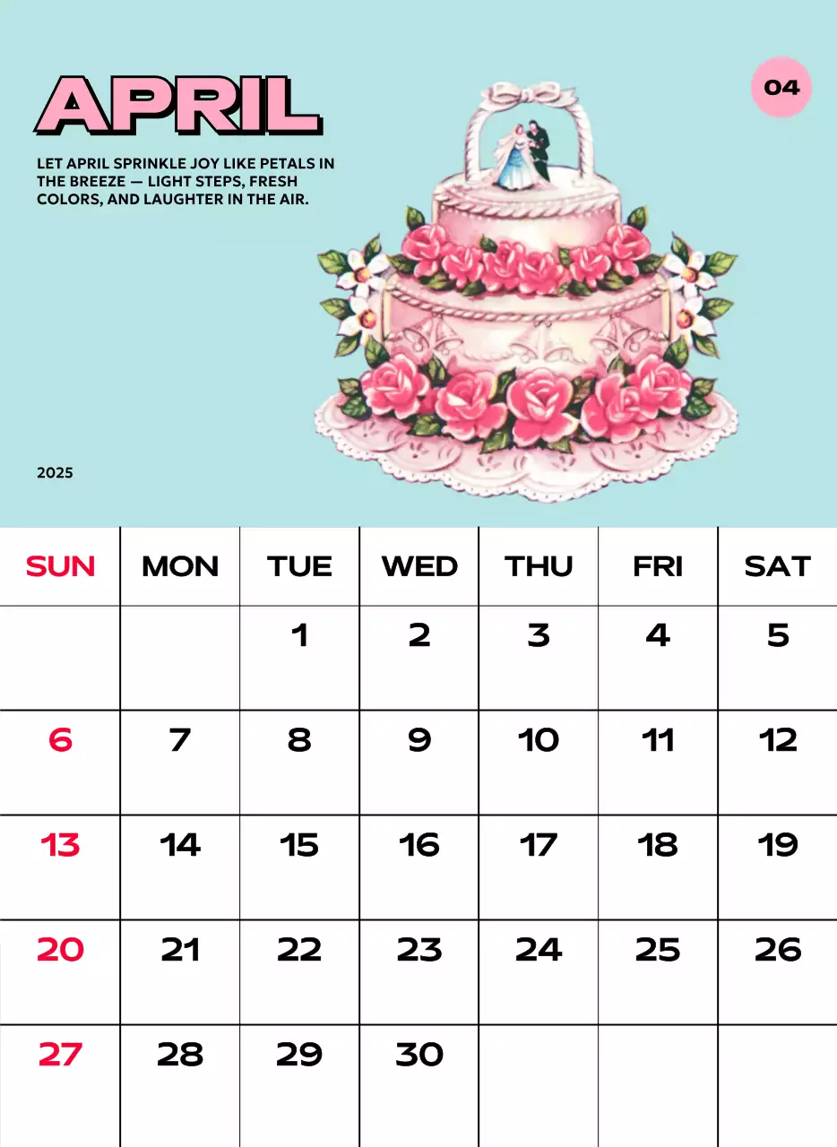 다양한 레트로 일러스트가 있는 화려한 캘린더 달력