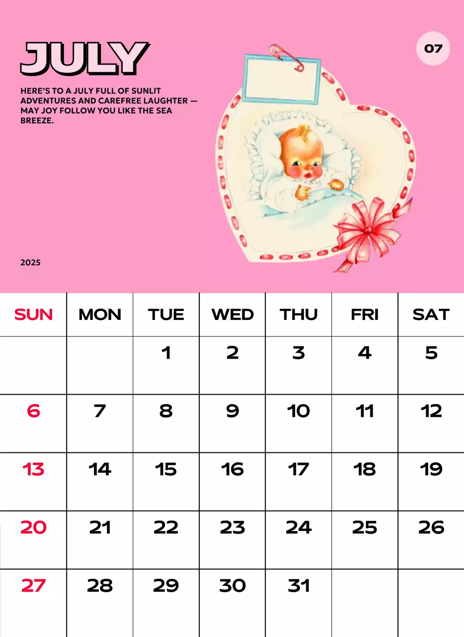 다양한 레트로 일러스트가 있는 화려한 캘린더 달력