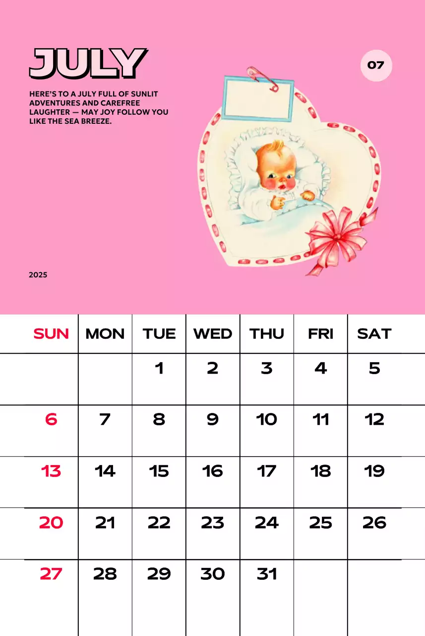 다양한 레트로 일러스트가 있는 화려한 캘린더 달력