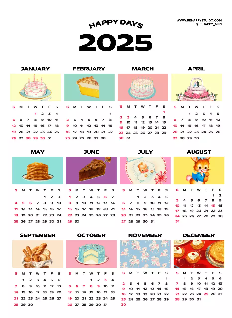 다양한 레트로 일러스트가 있는 화려한 캘린더 달력