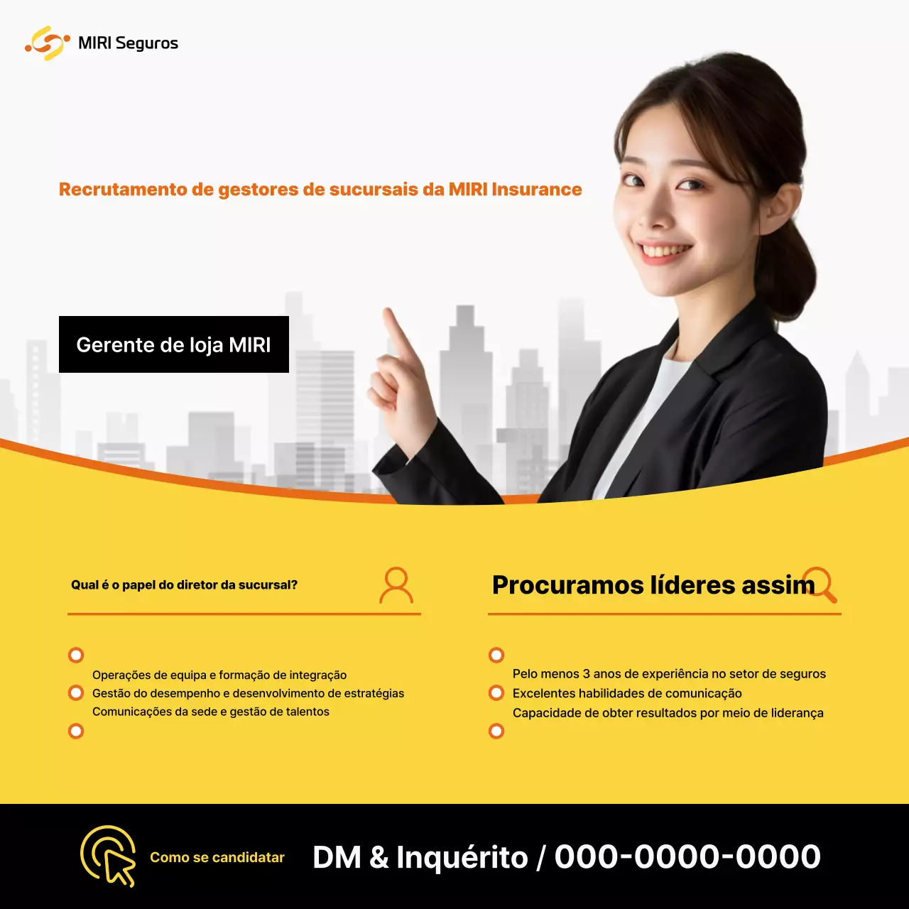 Aviso de recrutamento de líder do Centro de Seguros Modernos em amarelo e laranja