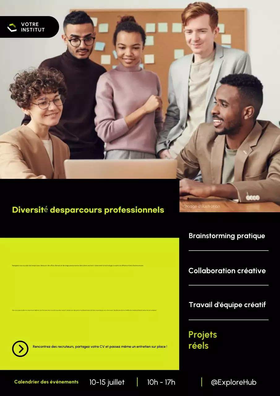 Affiche promotionnelle moderne noire et néon pour salon de l'emploi