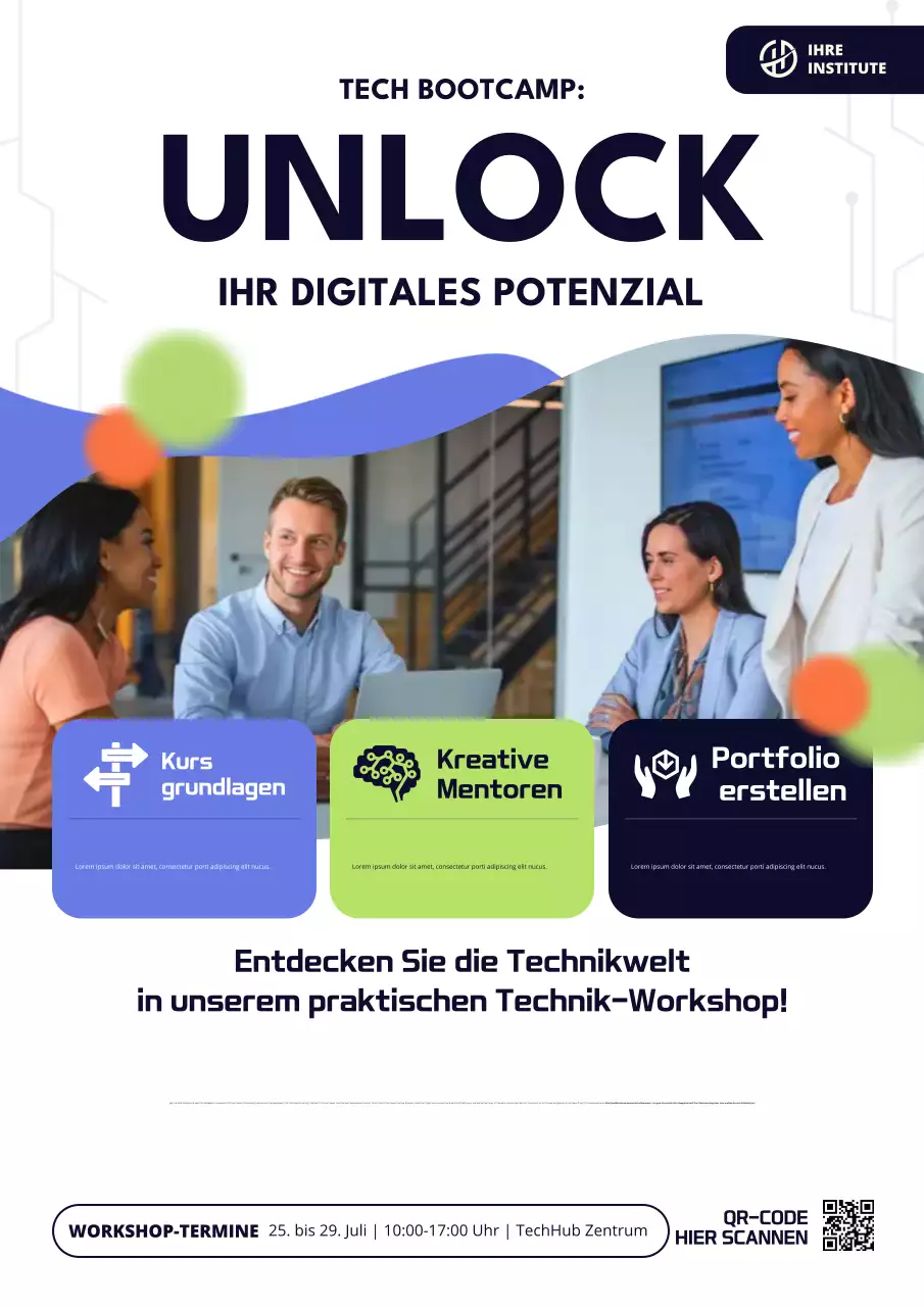 Blaues Werbeplakat für moderne Tech-Workshops