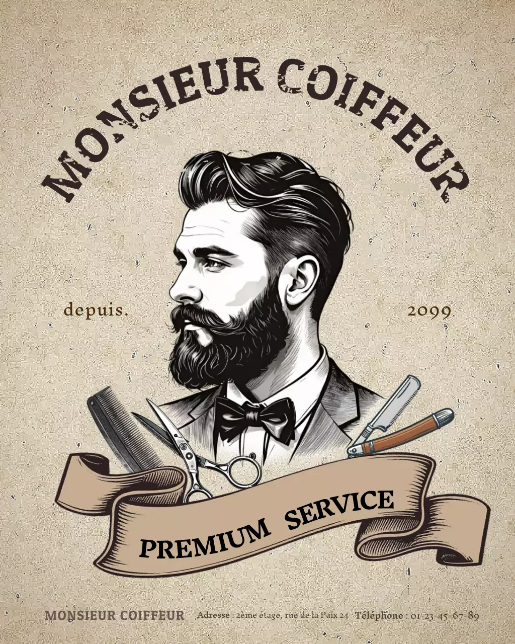 Publicité vintage beige pour un salon de coiffure