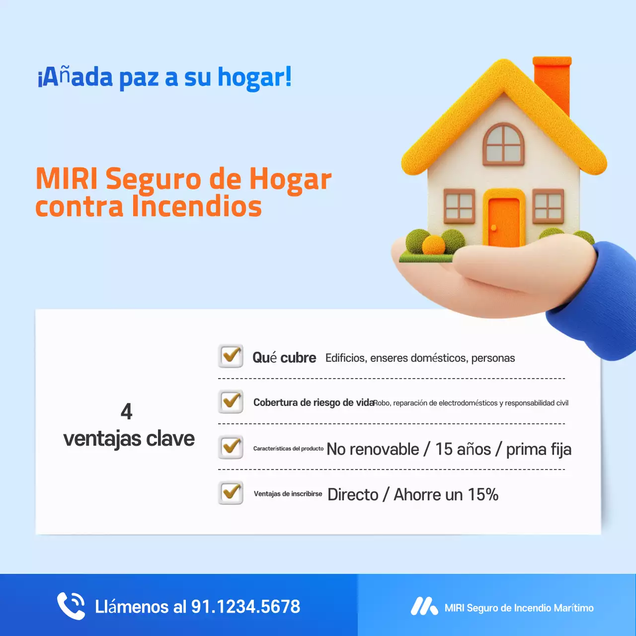 Anuncio moderno de seguro contra incendios para viviendas en color azul