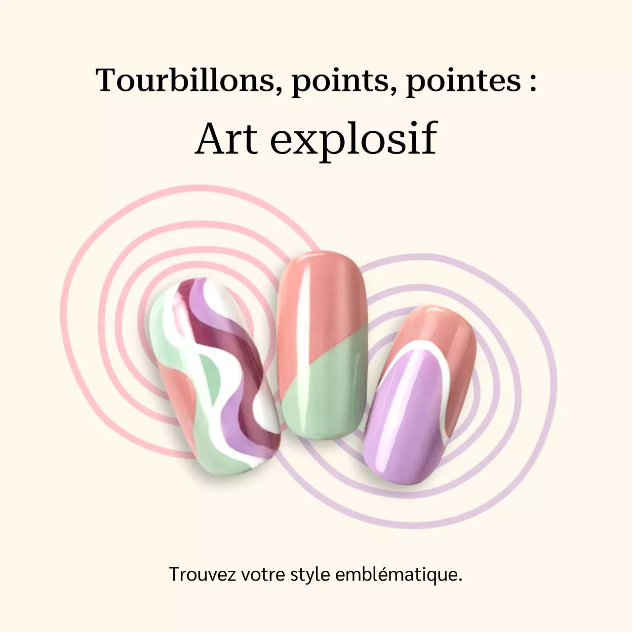 Publication sur les réseaux sociaux pour la promotion d'un nail art moderne et coloré