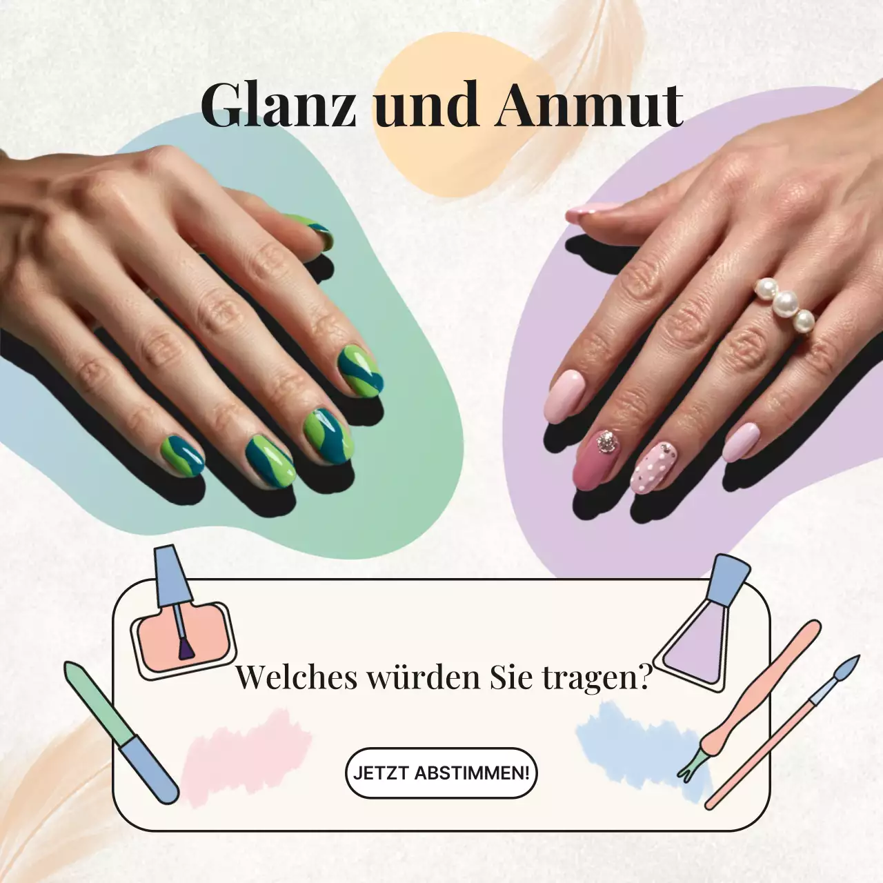 Farbenfroher, trendiger Social-Media-Beitrag zur Nagelwerbung
